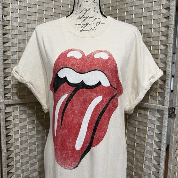 Daydreamer Free People Rolling Stones ‘89 Long T-shirt Dress Size S Cream Slit - Picture 4 of 10